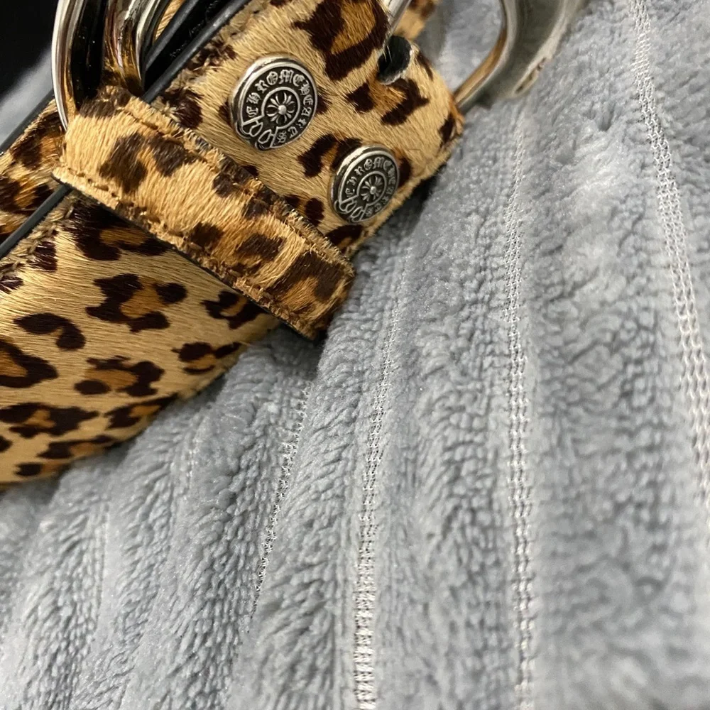Chrome Hearts Leopard Print Calf Hair Belt in Tan and Black with Silver Buckle
